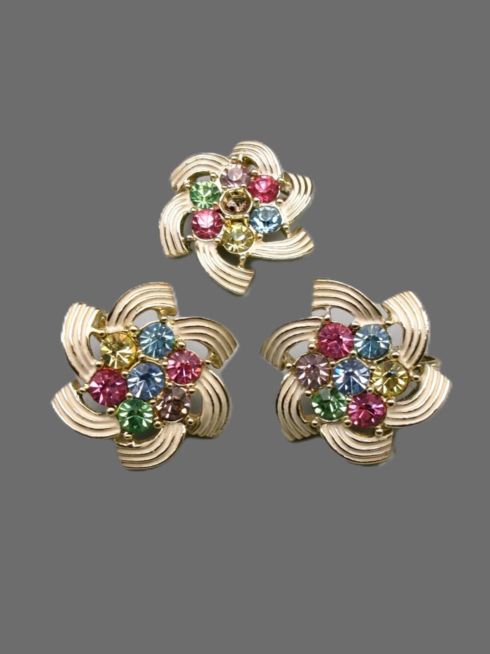 Sarah Coventry Color Spray Brooch Earrings Set, Multicolor Rhinestones, Vintage